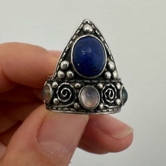 Vintage Sterling Silver 925 Moonstone & Lapis Unusual Intricate Ring Size 5.5 - Picture 6 of 14